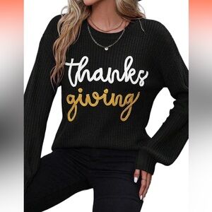 Black Crewneck Sweater Yellow White Graphic Thanksgiving New S Appliqué Ribbon